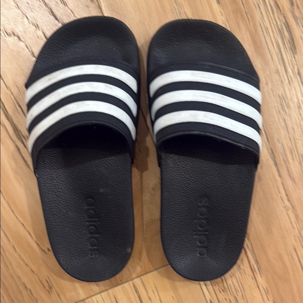 Adidas Black and White Striped Slides